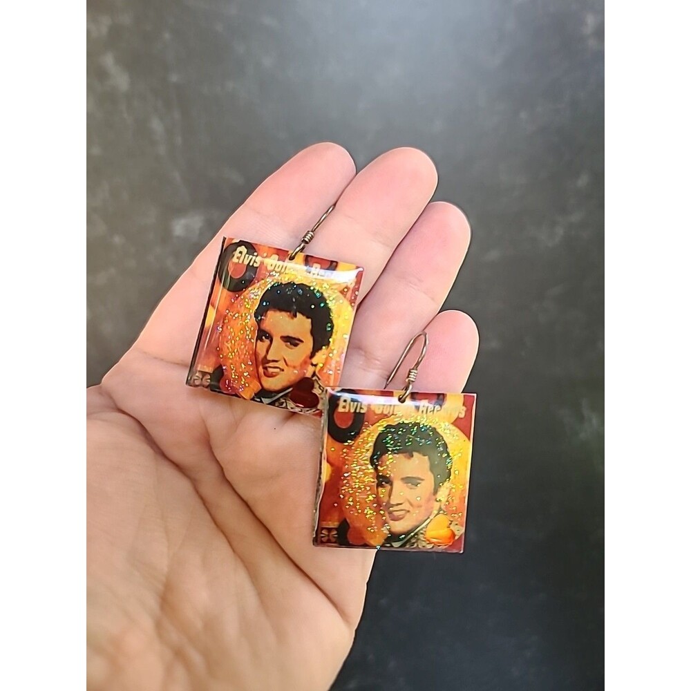 Elvis Presley Golden Records Dangling Pierced Earrings Vintage Costume Jewelry